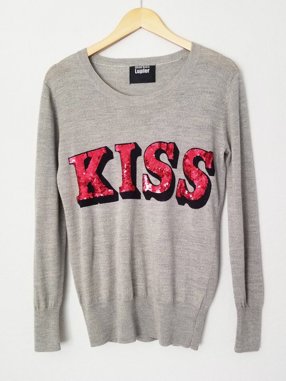 Markus Lupfer 100% Merino Wool KISS Sequins Graphic Crewneck Sweater Top S Gray